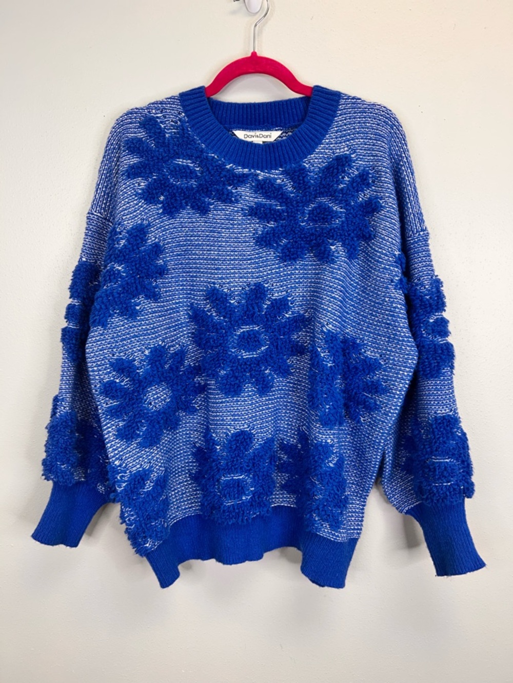Blue Floral Oversized Textured Knit Sweater Size L Quirky Dopamine Colorful Fun - Picture 1 of 10